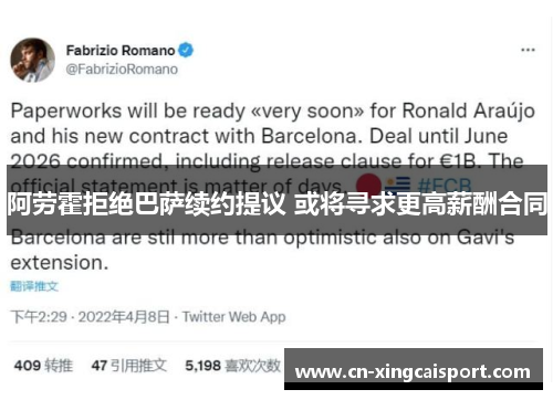 阿劳霍拒绝巴萨续约提议 或将寻求更高薪酬合同